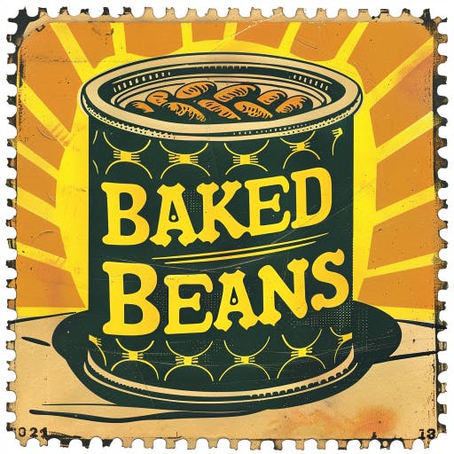 Vintage postage stamp featuring a can of baked beans