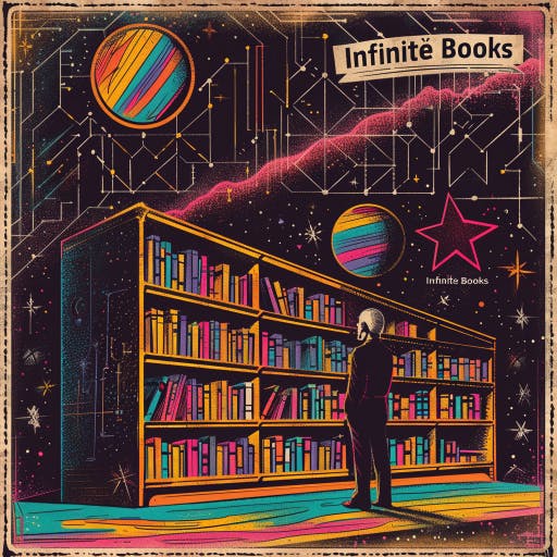 Vintage postage stamp illustrating Infinite Books with a person standing in front of a vast bookshelf under a starry sky