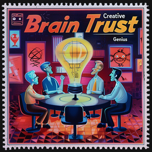 Vintage postage stamp of the Pixar Brain Trust by Cubthinktank