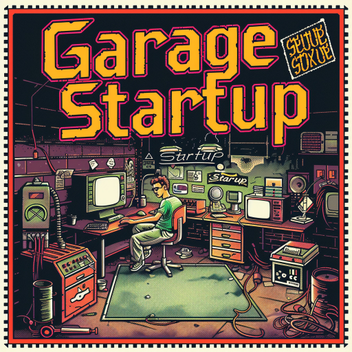 Vintage postage stamp depicting a garage startup with a person working on multiple computers in a cluttered garage