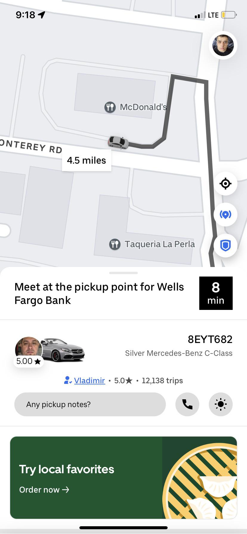 Uber Map showing the wait time